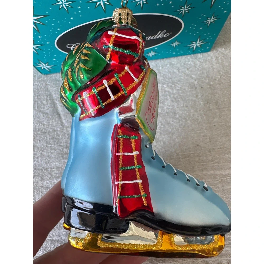 Christopher Radko Ice Skates Glass Christmas Ornament Seasons Greetings Blue Box